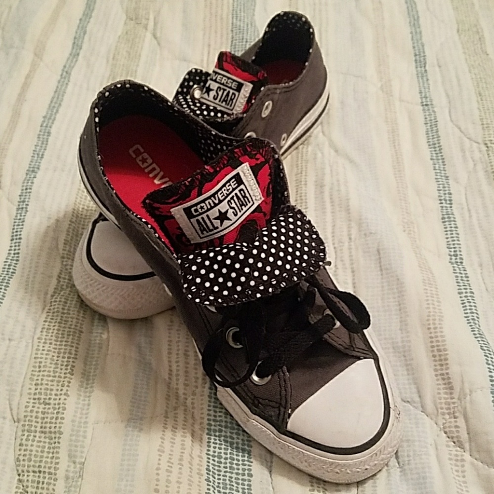 Charcoal gray double tongue Converse sneakers
